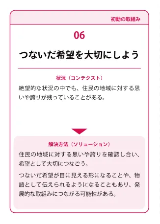 状況（コンテクスト）：絶望的な状況の中でも、住民の地域に対する思いや誇りが残っていることがある。→ 解決方法（ソリューション）：住民の地域に対する思いや誇りを確認し合い、希望として大切につなこう。つないだ希望が目に見える形になることや、物語として伝えられるようになることもあり、発展的な取組みにつながる可能性がある。