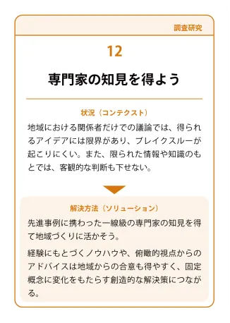 状況（コンテクスト）：地域における関係者だけでの議論では、得られるアイデアには限界があり、ブレイクスルーが起こりにくい。また、限られた情報や知識のもとでは、客観的な判断も下せない。→ 解決方法（ソリューション）：先進事例に携わった一線級の専門家の知見を得て地域づくりに活かそう。
経験にもとづくノウハウや、俯瞰的視点からのアドバイスは地域からの合意も得やすく、固定概念に変化をもたらす創造的な解決策につながる。