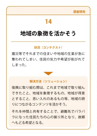 状況（コンテクスト）：震災等でそれまでの住まいや地域の生業が急に奪われてしまい、住民の気力や希望が削がれてしまった。→ 解決方法（ソリューション）：復興に取り組む際は、これまで地域で取り組んできたこと、地域を象徴するもの、地域が得意とすること、思い入れのあるもの等、地域の誇りにつながるコンテンツを活かそう。それを仲間と共有することで、避難先でバラバラになった住民たちの心の拠り所となり、故郷へもどる希望となる。