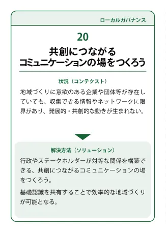 状況（コンテクスト）：地域づくりに意欲のある企業や団体等が存在していても、収集できる情報やネットワークに限界があり、発展的・共創的な動きが生まれない。→ 解決方法（ソリューション）：行政やステークホルダーが対等な関係を構築できる、共創につながるコミュニケーションの場をつくろう。基礎認識を共有することで効率的な地域づくリが可能となる。