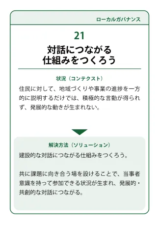 状況（コンテクスト）：住民に対して、地域づくりや事業の進捗を一方的に説明するだけでは、積極的な言動が得られず、発展的な動きが生まれない。→ 解決方法（ソリューション）：建設的な対話につながる仕組みをつくろう。共に課題に向き合う場を設けることで、当事者意識を持って参加できる状況が生まれ、発展的・共創的な対話につながる。