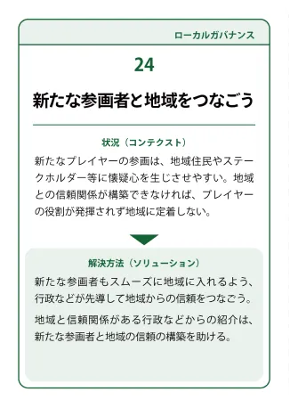 状況（コンテクスト）：新たなプレイヤーの参画は、地域住民やステークホルダー等に懐疑心を生じさせやすい。地域との信頼関係が構築できなければ、プレイヤーの役割が発揮されず地域に定着しない。→ 解決方法（ソリューション）：新たな参画者もスムーズに地域に入れるよう、行政などが先導して地域からの信頼をつなごう。地域と信頼関係がある行政などからの紹介は、新たな参画者と地域の信頼の構築を助ける。