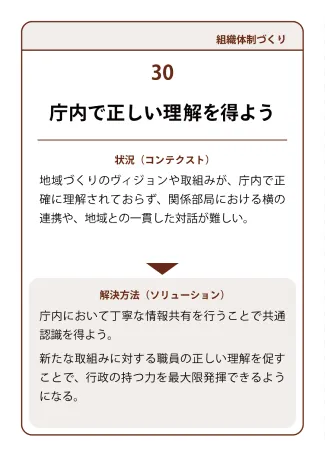 状況（コンテクスト）：地域づくりのヴィジョンや取組みが、庁内で正確に理解されておらず、関係部局における横の連携や、地域との一貫した対話が難しい。→ 解決方法（ソリューション）：庁内において丁寧な情報共有を行うことで共通認識を得よう。新たな取組みに対する職員の正しい理解を促すことで、行政の持つ力を最大限発揮できるようになる。