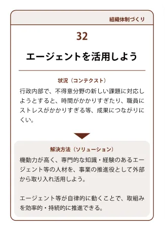 状況（コンテクスト）：行政内部で、不得意分野の新しい課題に対応しようとすると、時間がかかりすぎたり、職員にストレスがかかりすぎる等、成果につながりにくい。→ 解決方法（ソリューション）：機動力が高く、専門的な知識・経験のあるエージェント等の人材を、事業の推進役として外部から取り入れ活用しよう。エージェント等が自律的に動くことで、取組みを効率的・持続的に推進できる。