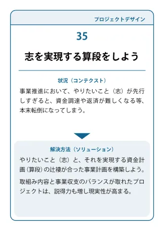 状況（コンテクスト）：事業推進において、やりたいこと（志）が先行しすぎると、資金調達や返済が難しくなる等、本末転倒になってしまう。→ 解決方法（ソリューション）：やりたいこと（志）と、それを実現する貸金計画（算段）の辻複が合った事業計画を構築しよう。取組み内容と事業収支のバランスが取れたプロジェクトは、説得力も増し現実性が高まる。