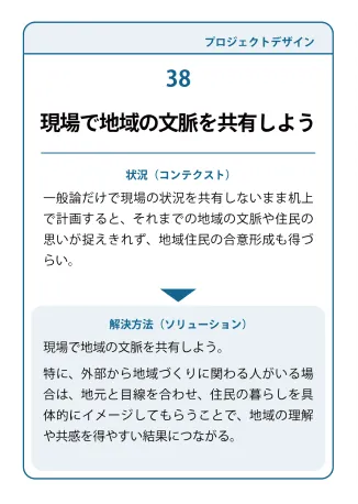 状況（コンテクスト）：一般論だけで現場の状況を共有しないまま机上で計画すると、それまでの地域の文脈や住民の思いが捉えきれず、地域住民の合意形成も得づらい。→ 解決方法（ソリューション）：現場で地域の文脈を共有しよう。特に、外部から地域づくりに関わる人がいる場合は、地元と目線を合わせ、住民の暮らしを具体的にイメージしてもらうことで、地域の理解や共感を得やすい結果につながる。